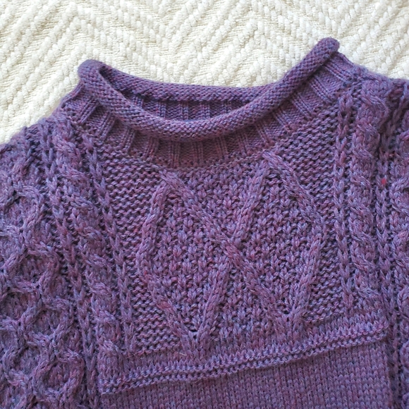 Vintage Acorn Chunky Aran Knit Purple Wool Thistle Fisherman Sweater - Picture 3 of 16
